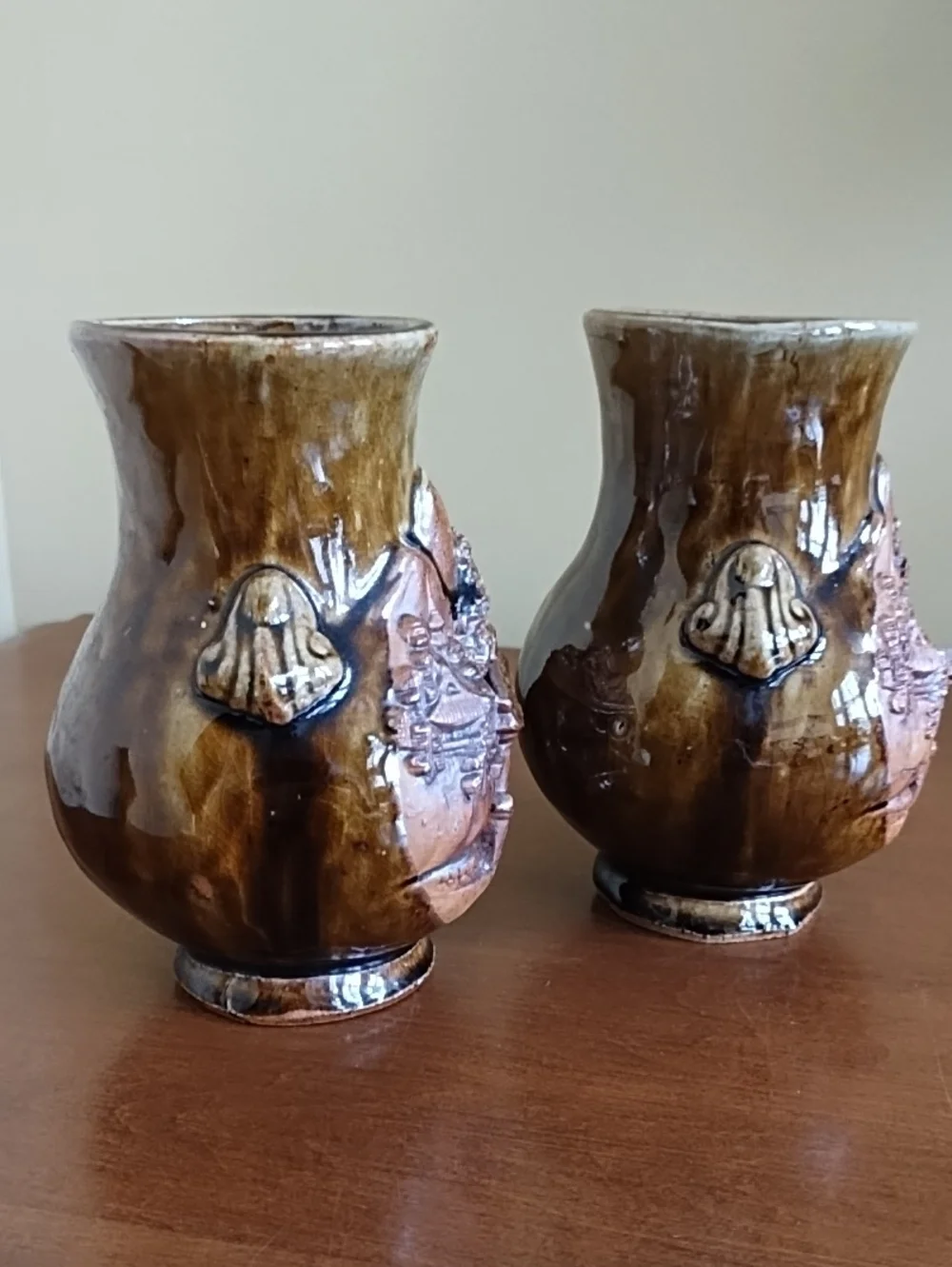 Vintage Japanese Banko Ware Ceramic Vases Torii Gate Mountain Pair 5.5